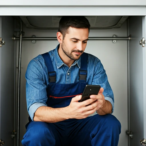 Plumber under sink looking at phone